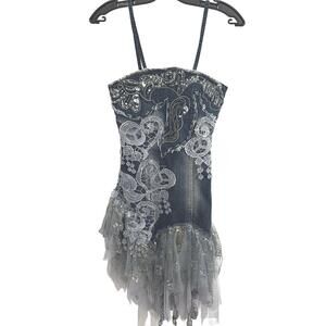 Ann Yan Y2K Embellished Denim Mini Dress with Lace, Sequines & Tulle Hem - 26